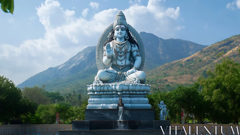 Majestic Shiva statue sits in serene mountain landscape
