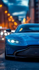 Blue sports car front view on city street at dusk.