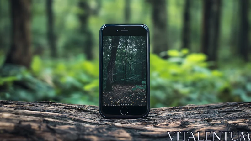 Black Smartphone Displaying Forest Interior on Log Setting.