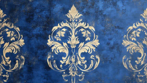 Gold baroque motif repeats over distressed blue ground
