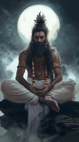 Mystic yogi in lunar halo, hyper-detailed meditative portrait.