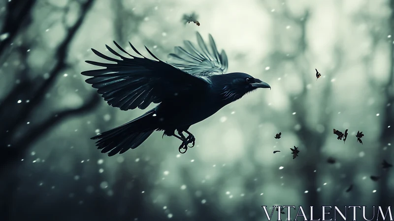 Solitary black crow in mid-flight over blurred winter forest.