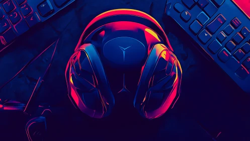 Neon-lit gaming headset and keyboards rendered in dual-tone gradient