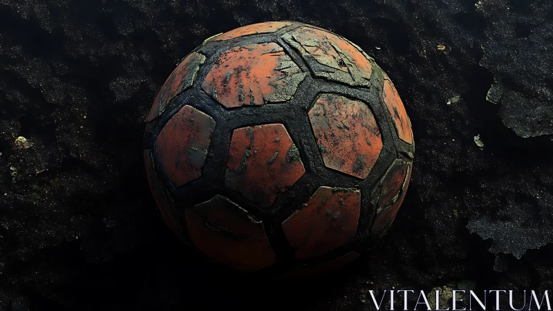 Weathered orange soccer ball rests on dark gritty ground