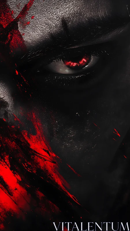 Blood-red gaze in shadowed portrait with violent streaks.