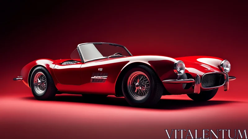 Red classic roadster on monochrome studio backdrop.