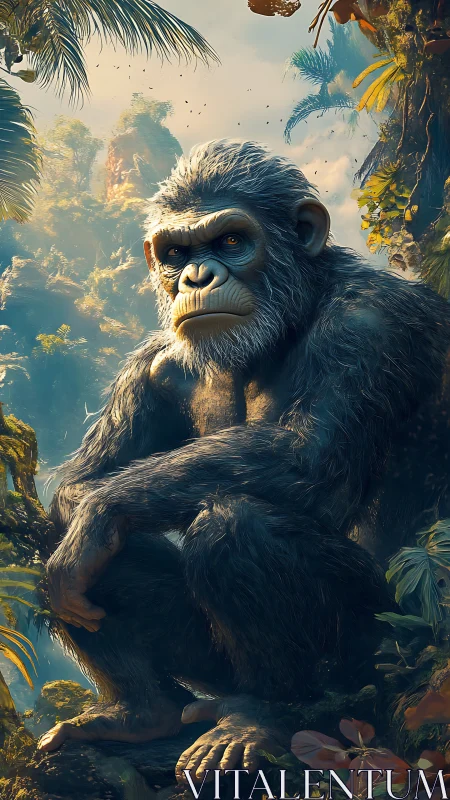 Stoic silverback gorilla poised in lush misty jungle.
