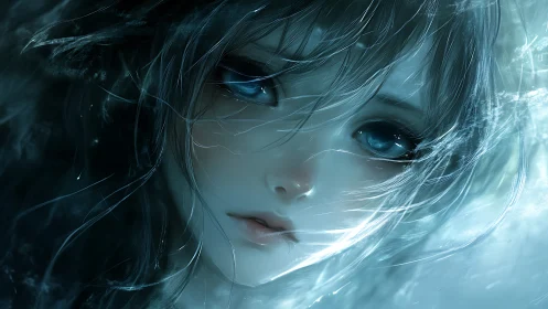 Melancholic blue-eyed girl emerges through swirling light.