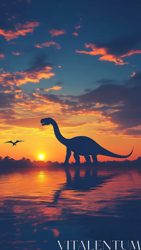 Gentle dinosaur strolls by water under a glowing sunset sky.