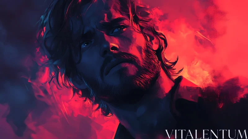 Brooding man in neon chiaroscuro amidst blazing crimson haze.