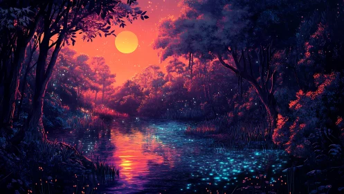 Luminescent forest wetland with celestial sun and bioluminescent water.