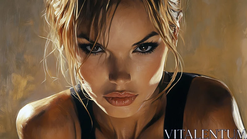 Hyperreal female portrait with intense gaze under warm light