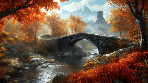 Stone arch bridge in autumn valley with distant mountain keep