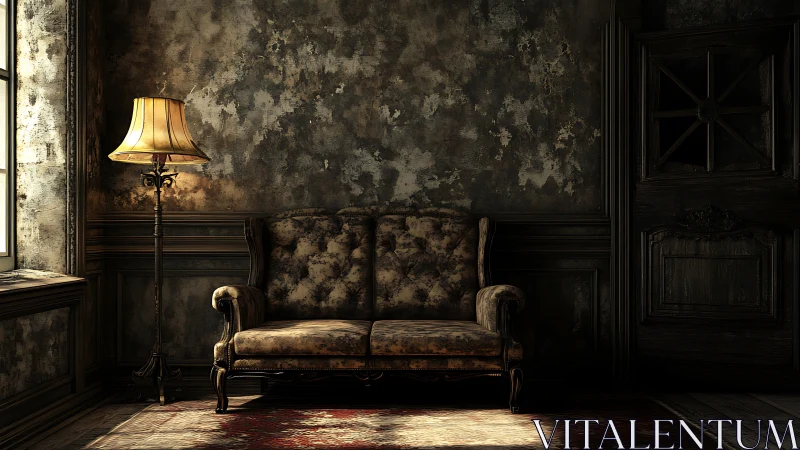 Aged velvet loveseat under single lamp in decayed interior