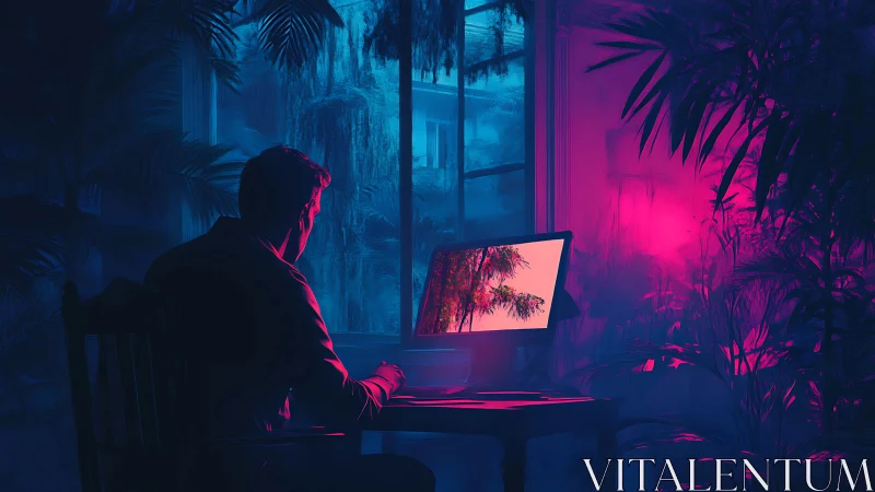 Solitary worker studies glowing monitor in neon jungle room
