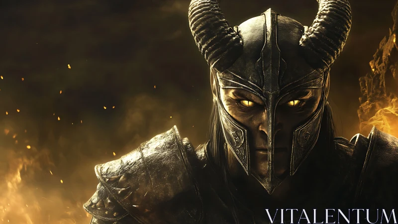 Horned demon knight portrait in molten fire glow.