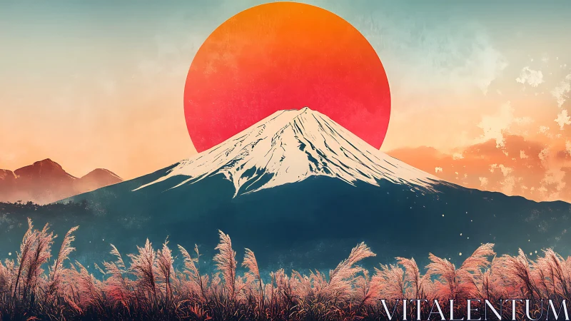 Stylized Mount Fuji silhouette under oversized red sun disc