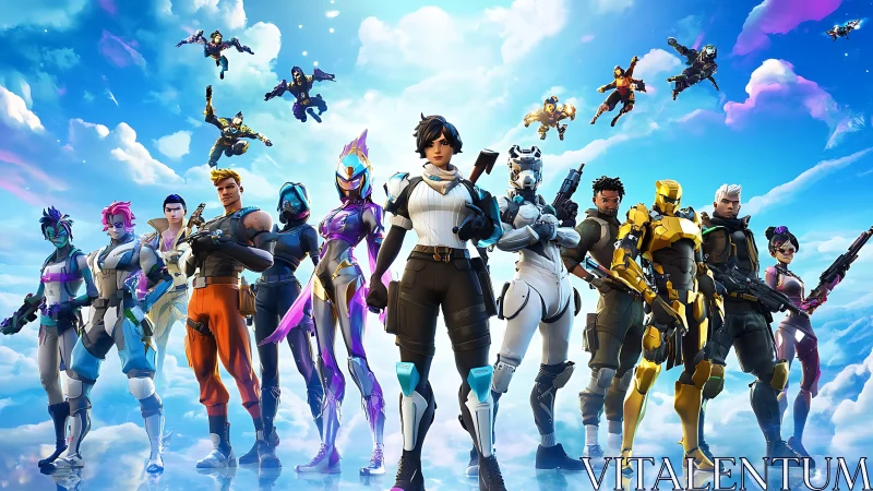 Colorful squad of futuristic Fortnite heroes in formation.