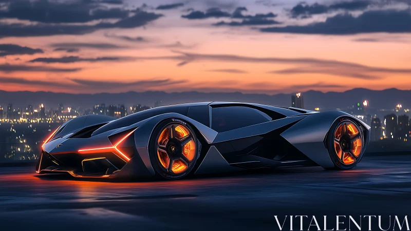 3D hypercar profile with neon edge lighting at dusk skyline.