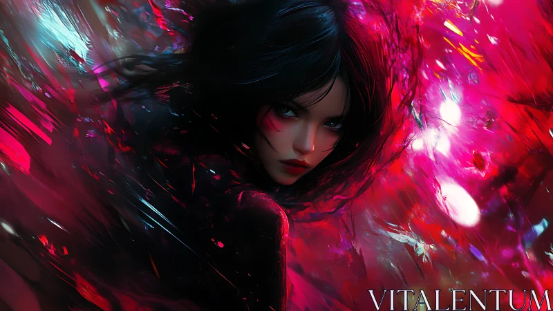 Digital portrait of intense woman in abstract neon motion