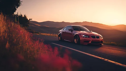 Sunset-graded red coupe on winding rural asphalt roadway.