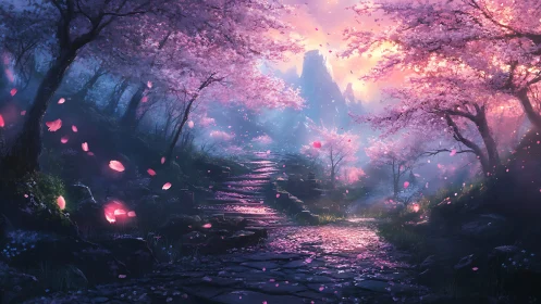 Soft cherry blossom path glows under dreamy mountain light