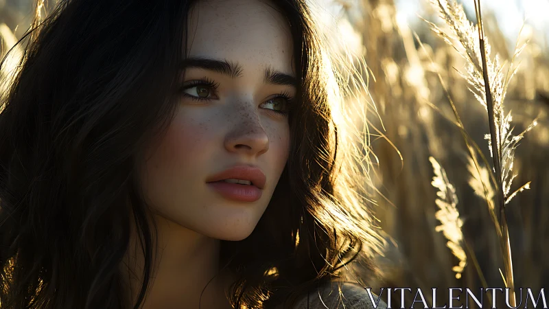 Young woman in tall dry grass under warm backlighting.