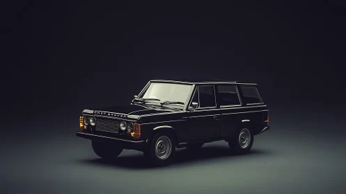 Vintage black station wagon model in dark studio lighting.