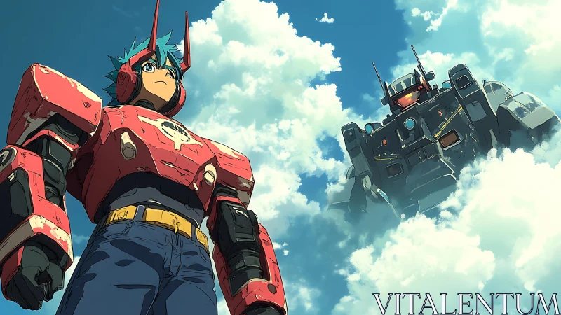 Skybound pilot and towering mecha challenge the clouds.