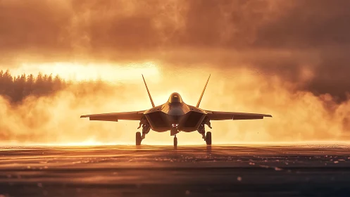 Stealth jet on misty runway under blazing sunset sky.