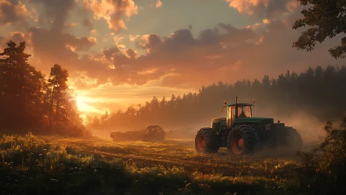 Tractor moves across misty field under glowing sunset sky