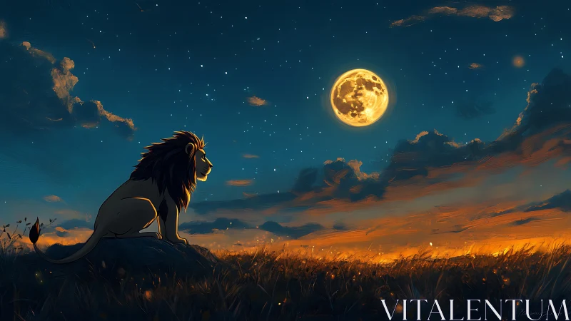 Lone lion watches full moon above glowing savannah horizon
