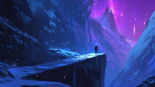 Solitary figure overlooking luminous cosmic glacier valley.