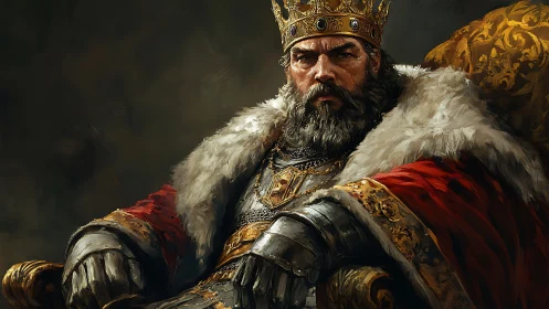 Medieval king portrait in fur cloak and golden crown.