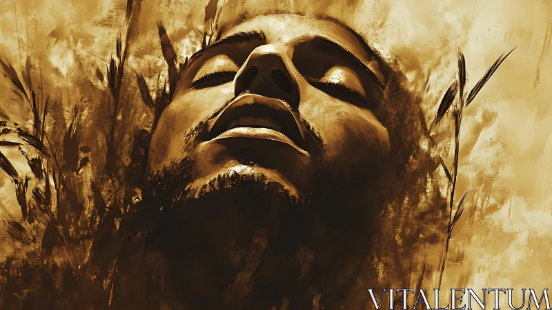 Sepia-toned digital portrait of face emerging from grasses.