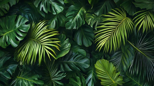 Dense tropical foliage with layered green palm leaves.