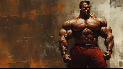 Monolithic titan of muscle broods against rusted canvas wall.