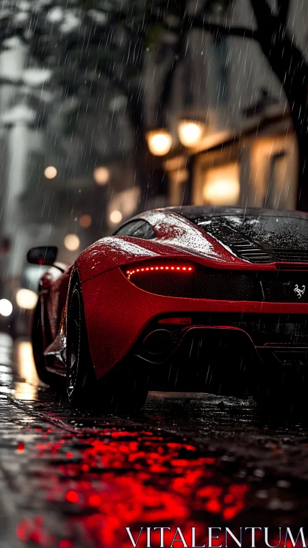Red sports car in rainy city street with wet reflections.