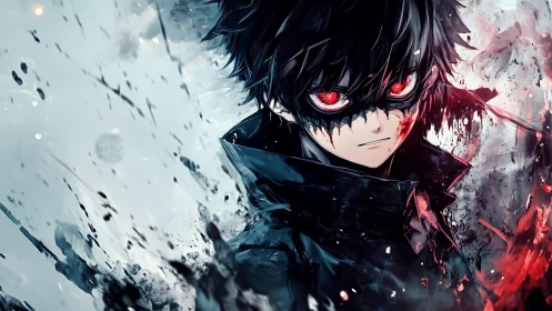 Dark anime vigilante with glowing red eyes and splatter energy.