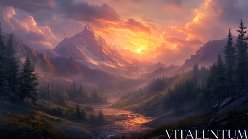 Radiant alpine sunrise over misty river valley panorama.
