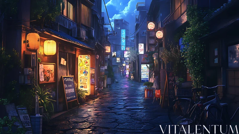 Lantern-lit alley hums softly beneath a neon-kissed sky