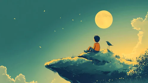 Boy watches full moon from cliff edge with quiet bird