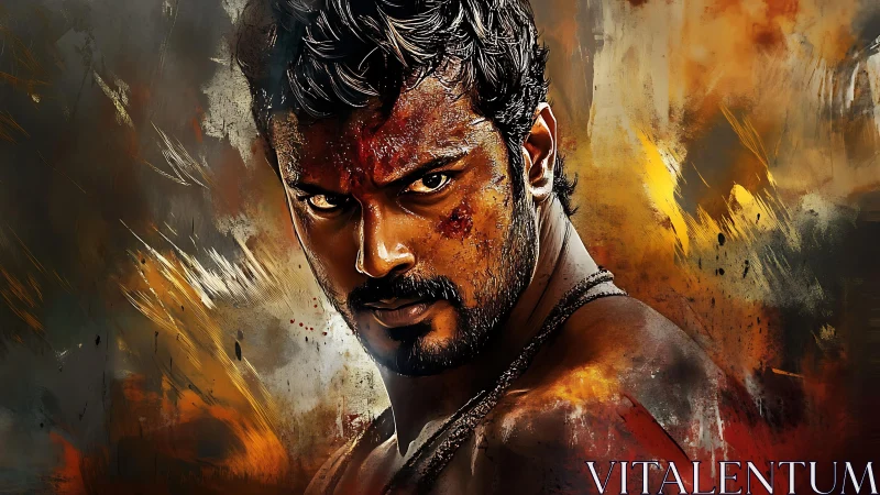 Fierce wounded warrior portrait against fiery backdrop.