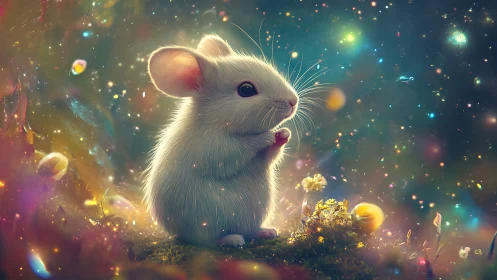 Starlit white mouse in luminous cosmic meadowscape.