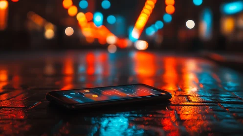 Smartphone on Wet Urban Surface with Bokeh Lighting