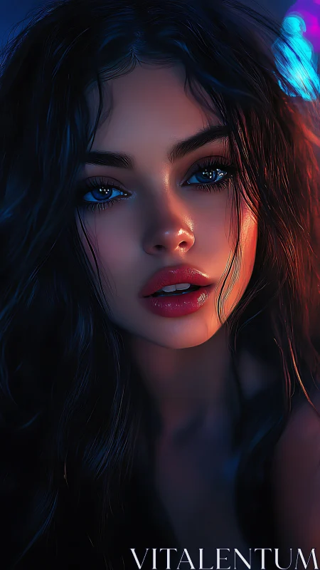 Neon-lit digital portrait captures an intense, luminous gaze