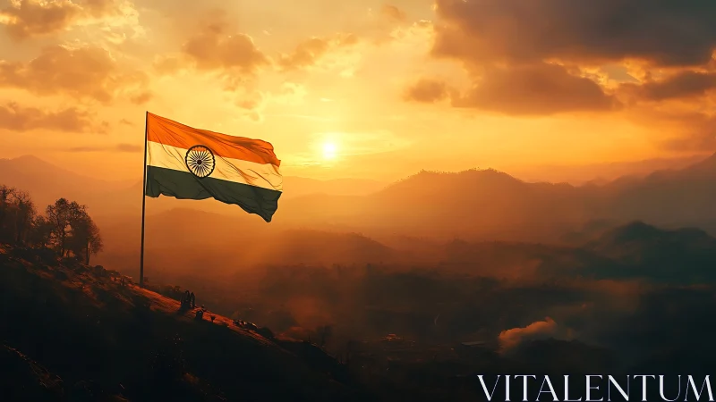 Indian national flag above hilly landscape at sunset time.