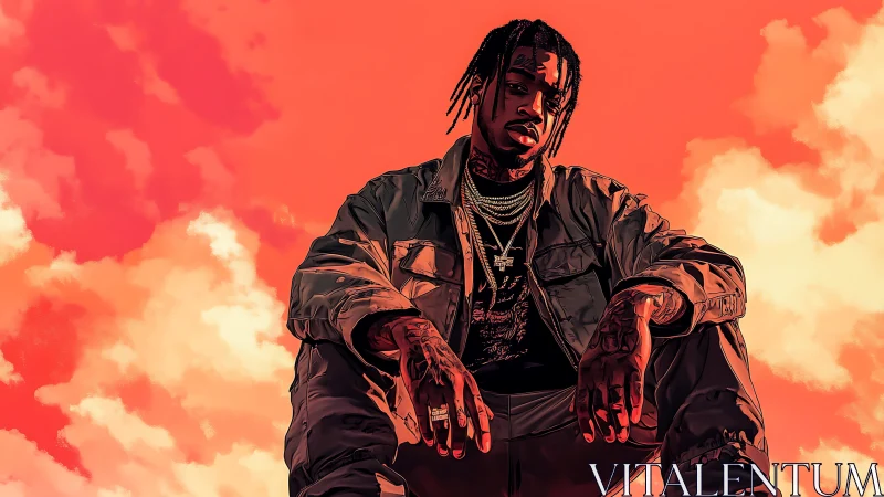 Digital illustration depicts seated figure against orange sky