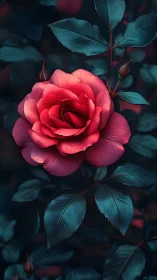 Red Rose with Teal Foliage Against Dark Background.