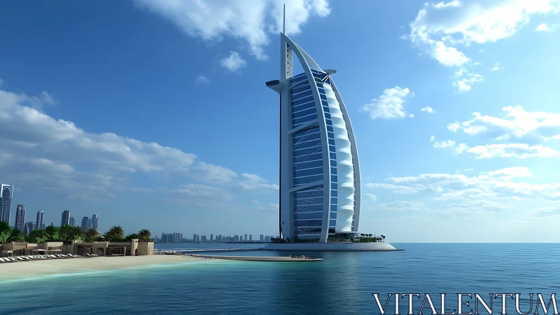 Sailform offshore hotel tower under clear coastal daylight sky.